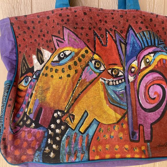 Vtg Laurel Burch Colorful Horses Mares EXTRA LARGE Shoulder Tote Beach Bag - Picture 2 of 16